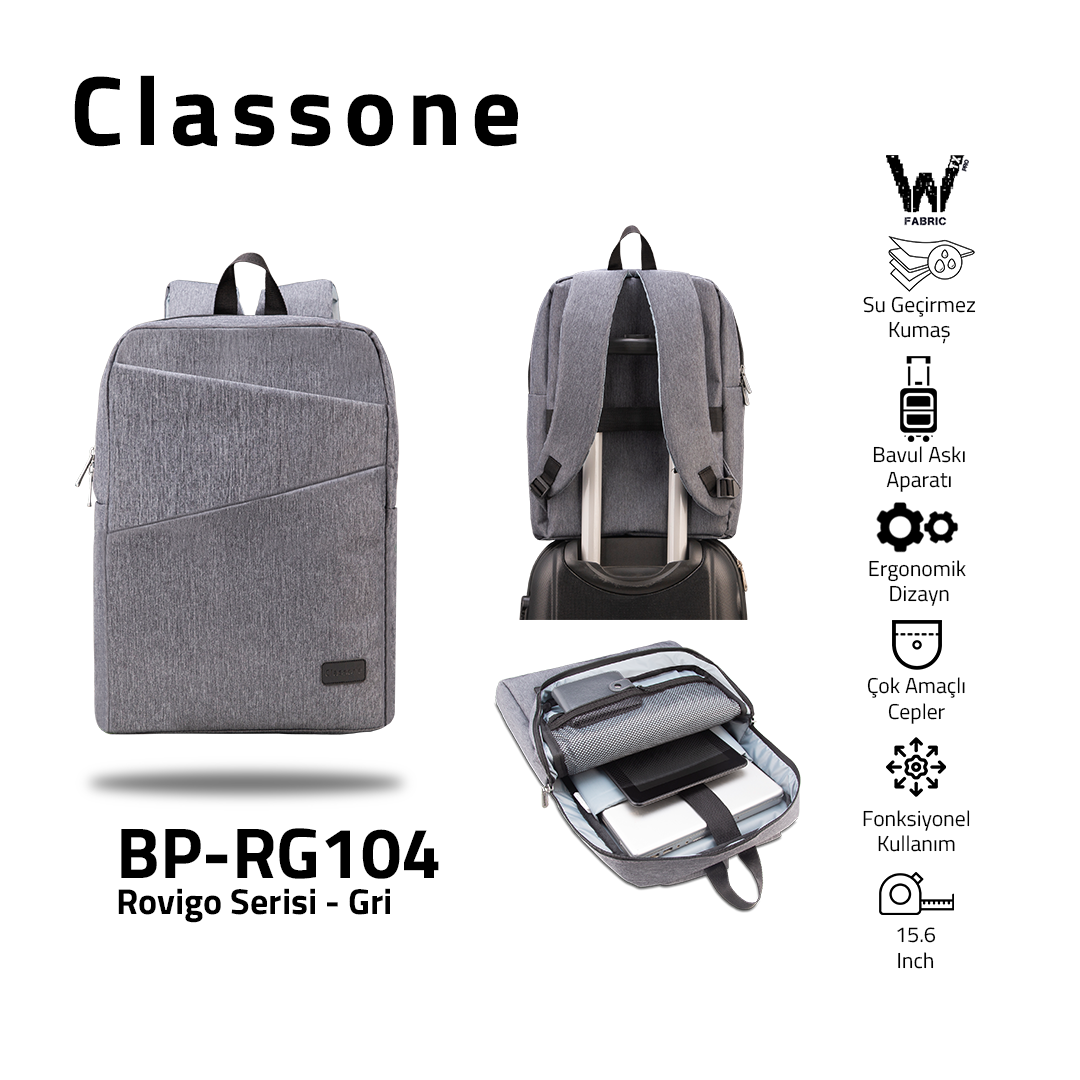 Classone Rovigo Serisi, BP-RG104 WTXpro Su geçirmez Kumaş ,15.6 Sırt Notebook Çantası-Gri