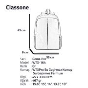 Classone WTX-164 Roma Pro Serisi WTXpro Su Geçirmez Kumaş, Su Geçirmez Fermuar 15.6 inch uyumlu Macbook, Laptop, Notebook  Sırt  Çantası –Gri