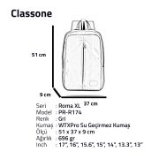 Classone PR-R174 Roma XL Serisi WTXpro Su Geçirmez Kumaş Notebook 17 inch Sırt Çantası / Gri