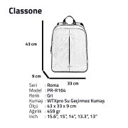 Classone PR-R164 Roma Large Serisi WTXpro Su Geçirmez Kumaş Notebook 15,6 inch Sırt Çantası / Gri
