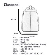 Classone WTX-160 Roma Pro Serisi WTXpro Su Geçirmez Kumaş, Su Geçirmez Fermuar 15.6 inch uyumlu Macbook, Laptop, Notebook  Sırt  Çantası –Siyah