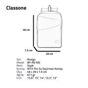 Classone Rovigo Serisi, BP-RG100 WTXpro Su geçirmez Kumaş ,15.6 Sırt Notebook Çantası-Siyah