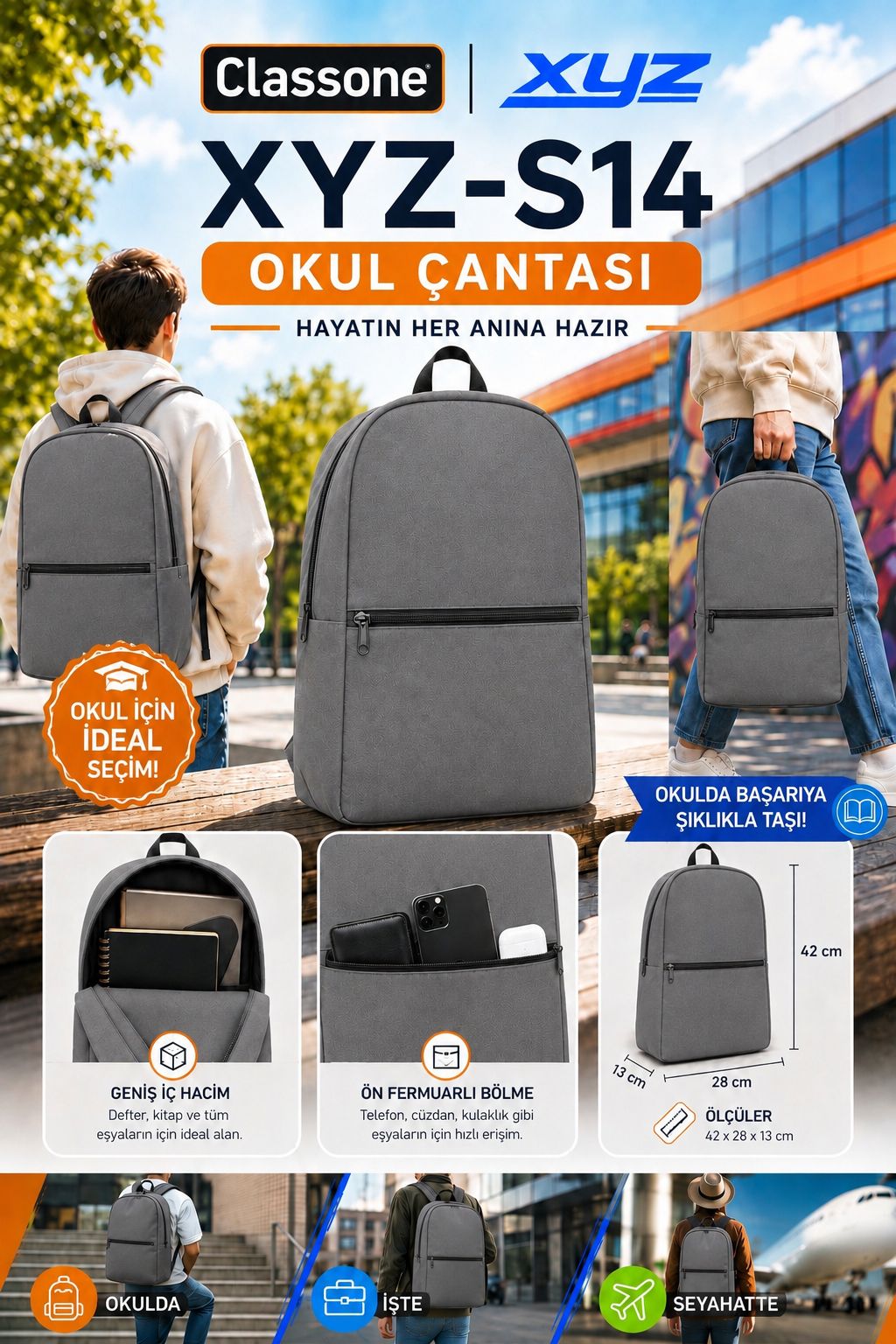 XYZ S10 Eko Serisi Unisex XYZ-S14 Okul, Sırt Çantası - Gri