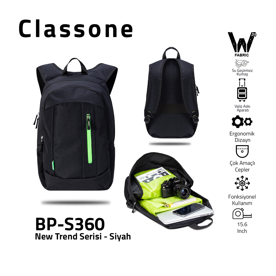 Classone BP-S360 New Trend Sport Style Serisi WTXpro Su Geçirmez Kumaş Notebook Sırt 15,6 inch Çantası - Siyah