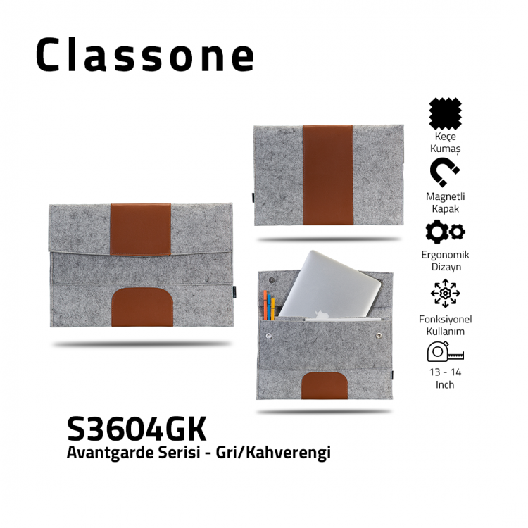 Classone S3604GK Avantgarde 13-14 inch Laptop Kılıfı – Gri/Kahverengi