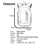 Classone BP-S364 WTXpro Su Geçirmez Kumaş New Trend Sport Style Serisi Sırt 15,6 inch Çantası - Gri