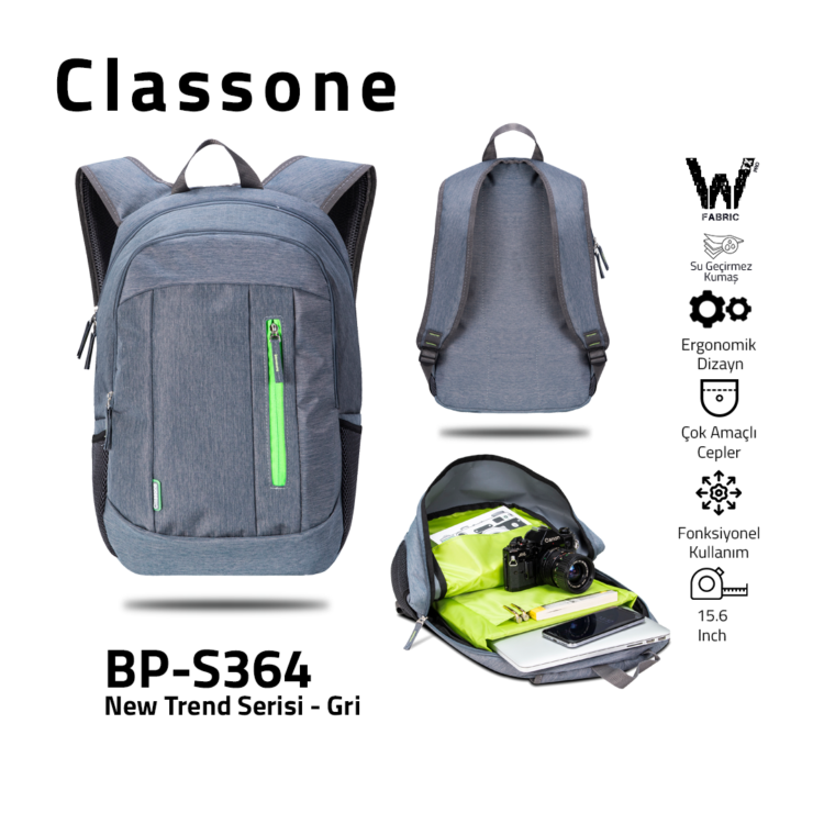 Classone BP-S364 WTXpro Su Geçirmez Kumaş New Trend Sport Style Serisi Sırt 15,6 inch Çantası - Gri