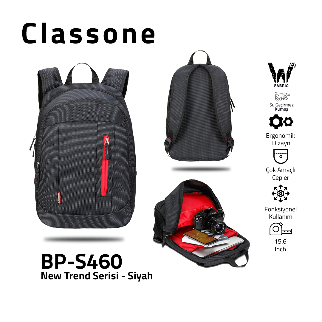 Classone BP-S460 New Trend Sport Style Lux Serisi WTXpro Su Geçirmez Kumaş Sırt 15,6 inch Çantası - Siyah