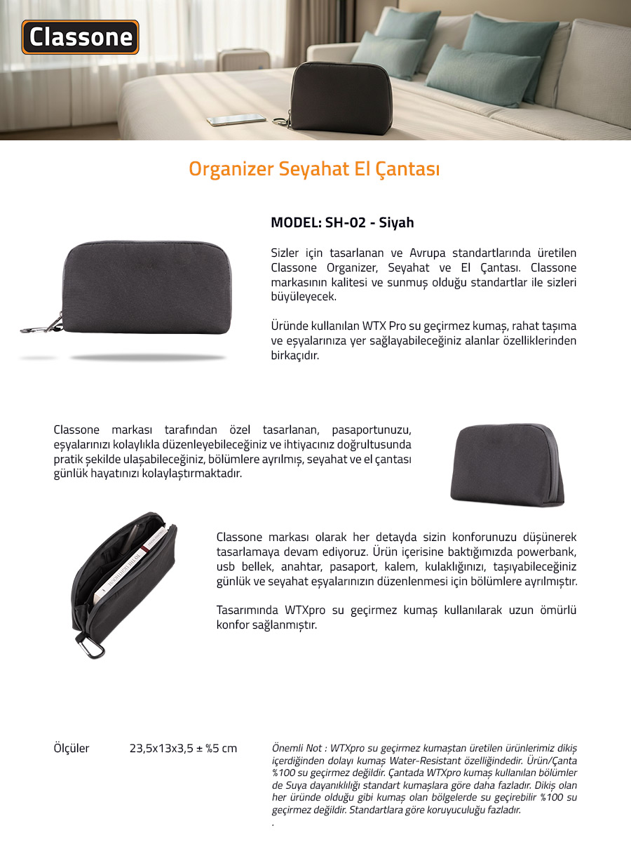 Classone SH-02 WTXPro Su Geçirmez Kumaş Seyahat El Çantası – Siyah