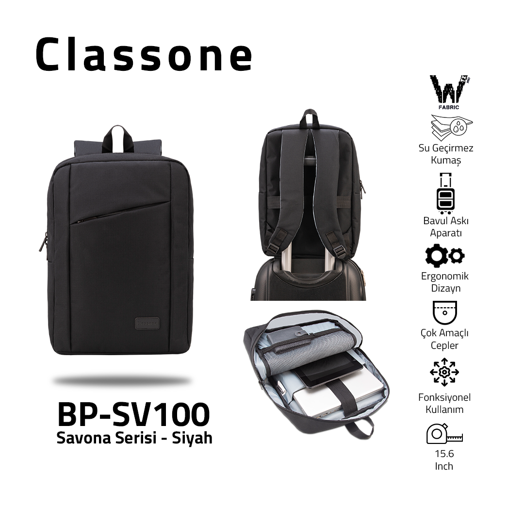Classone Savona Serisi, BP-SV100 WTXpro Su geçirmez Kumaş ,15.6 Sırt Notebook Çantası-Siyah