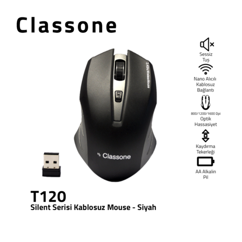Classone T120 Silent Serisi 2.4 GHz 800/1200/1600 DPI Nano Alıcılı Kablosuz Mouse Siyah