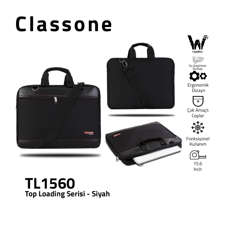 Classone TL1560 Top Loading Serisi WTXpro Su Geçirmez Kumaş 15,6 inch El Çantası - Siyah