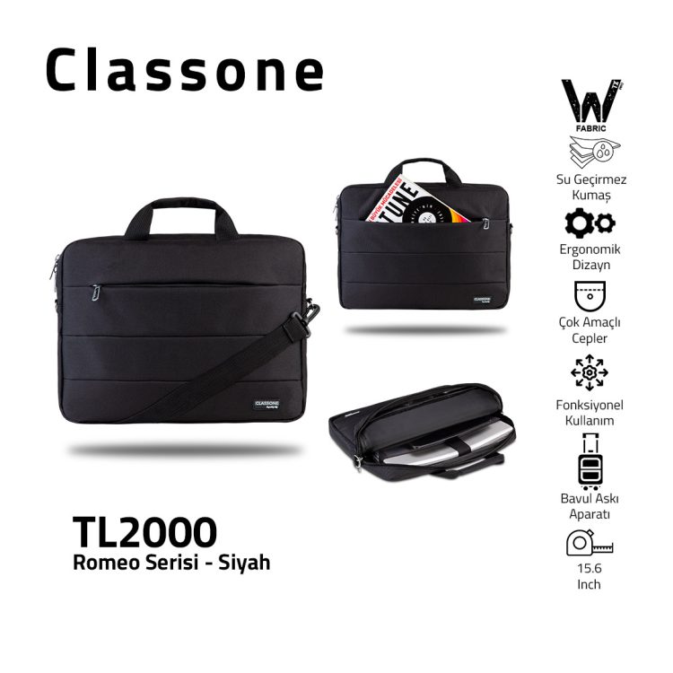 Classone Romeo Large Serisi TL2000 WTXpro Su Geçirmez Kumaş 15.6 inch Uyumlu Notebook Çantası – Siyah