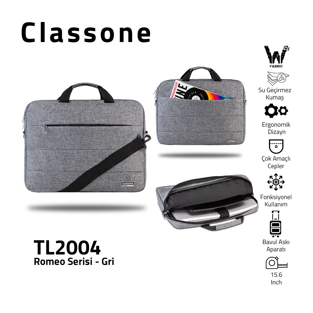Classone Romeo Large Serisi TL2004 15.6 inch Uyumlu Notebook Çantası – Gri