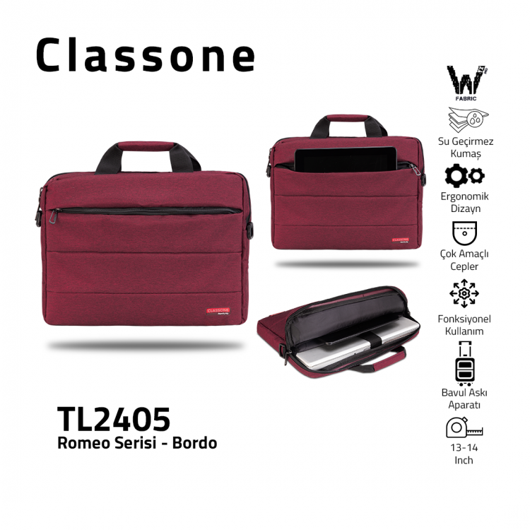 Classone Romeo Medium Serisi TL2405 13-14 inch uyumlu Laptop Çantası -Bordo