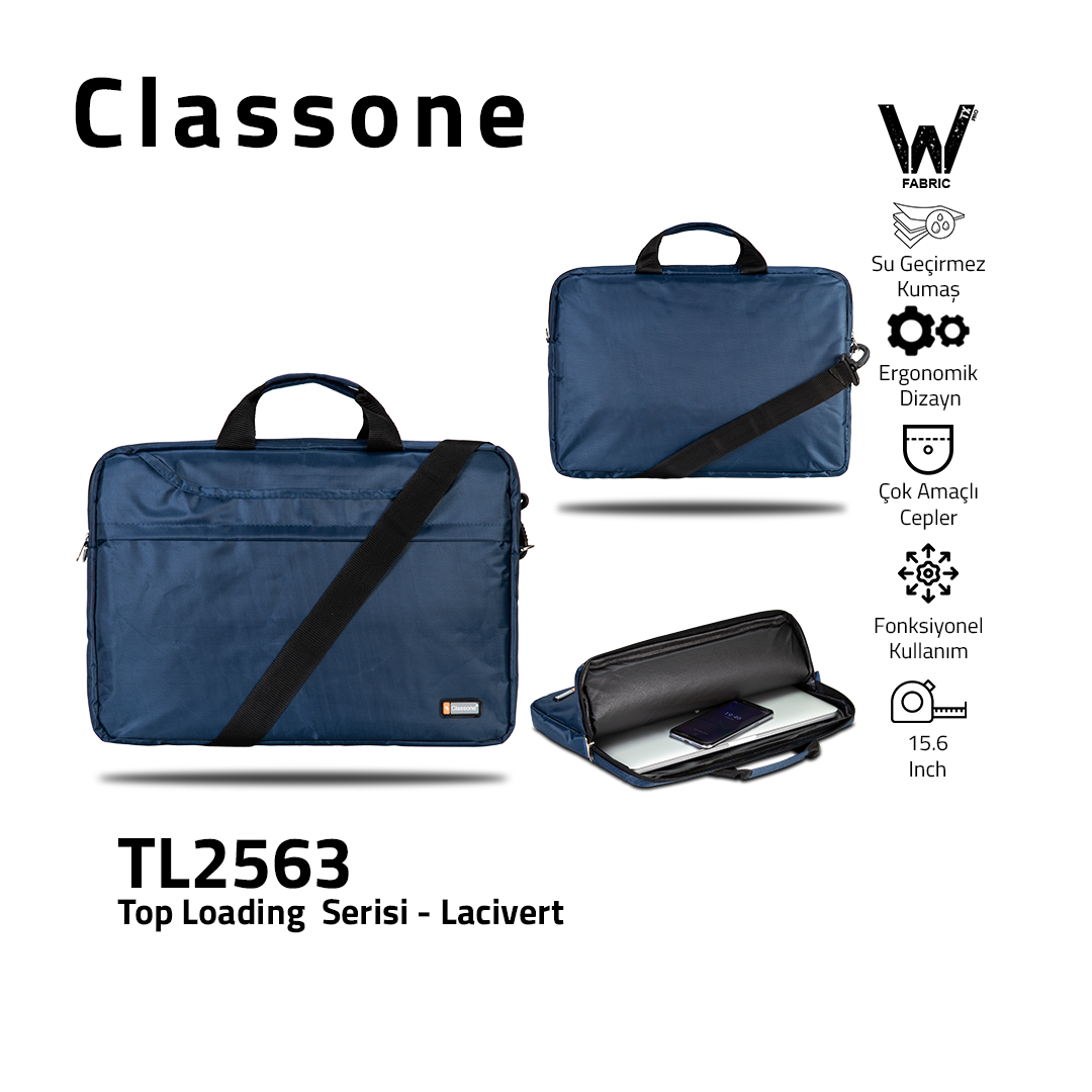 Classone TL2563 Top Loading Large Serisi WTXpro Su Geçirmez Kumaş 15,6 inch  Notebook Çantası Lacivert