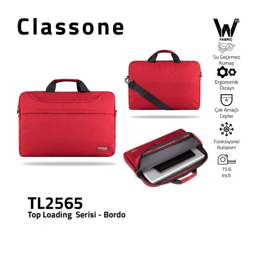 Classone TL2565 Top Loading Large Serisi WTXpro Su Geçirmez Kumaş 15,6 inch Notebook Çantası - Bordo