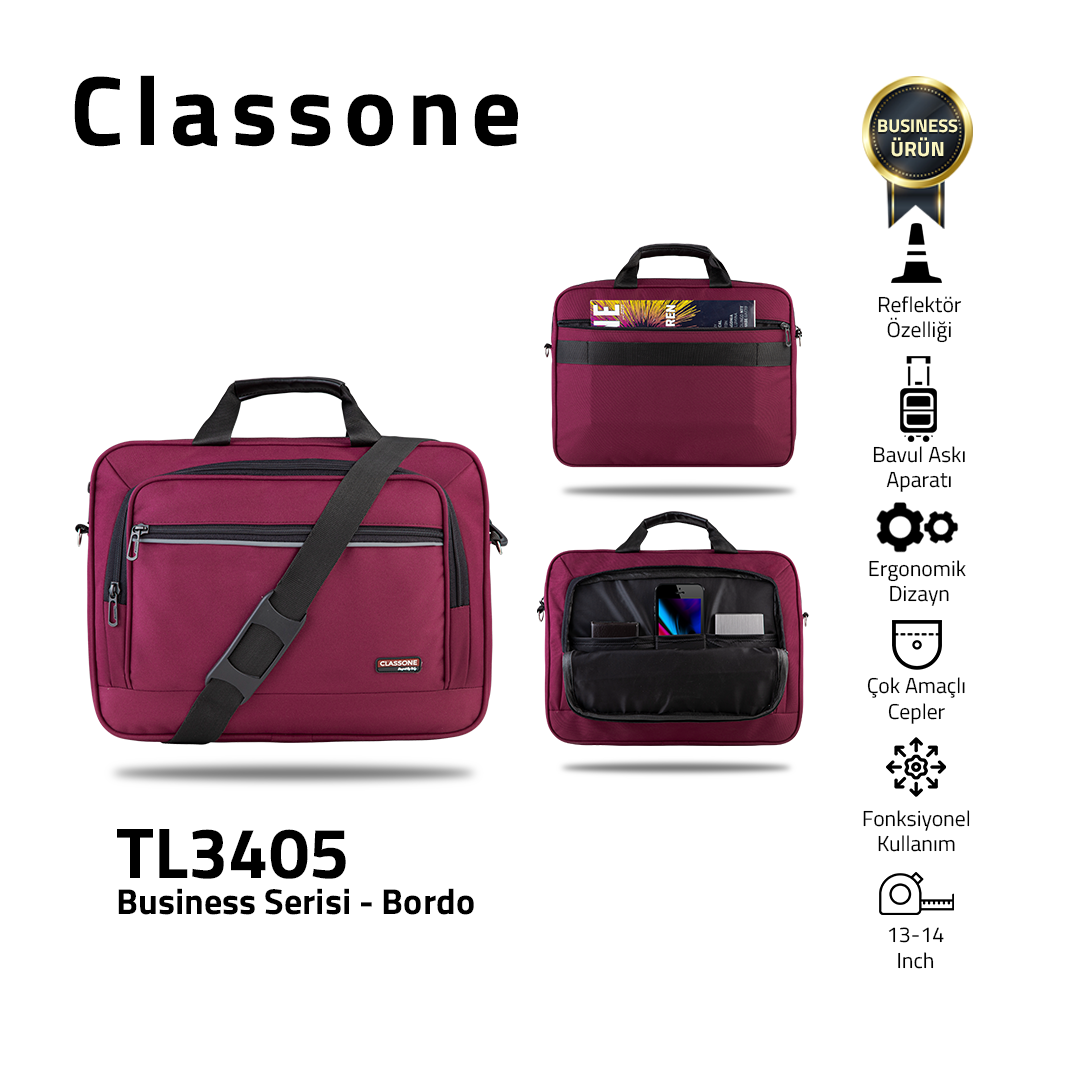 Classone Business Medium Serisi TL3405 13-14 inch uyumlu Laptop Çantası -Bordo