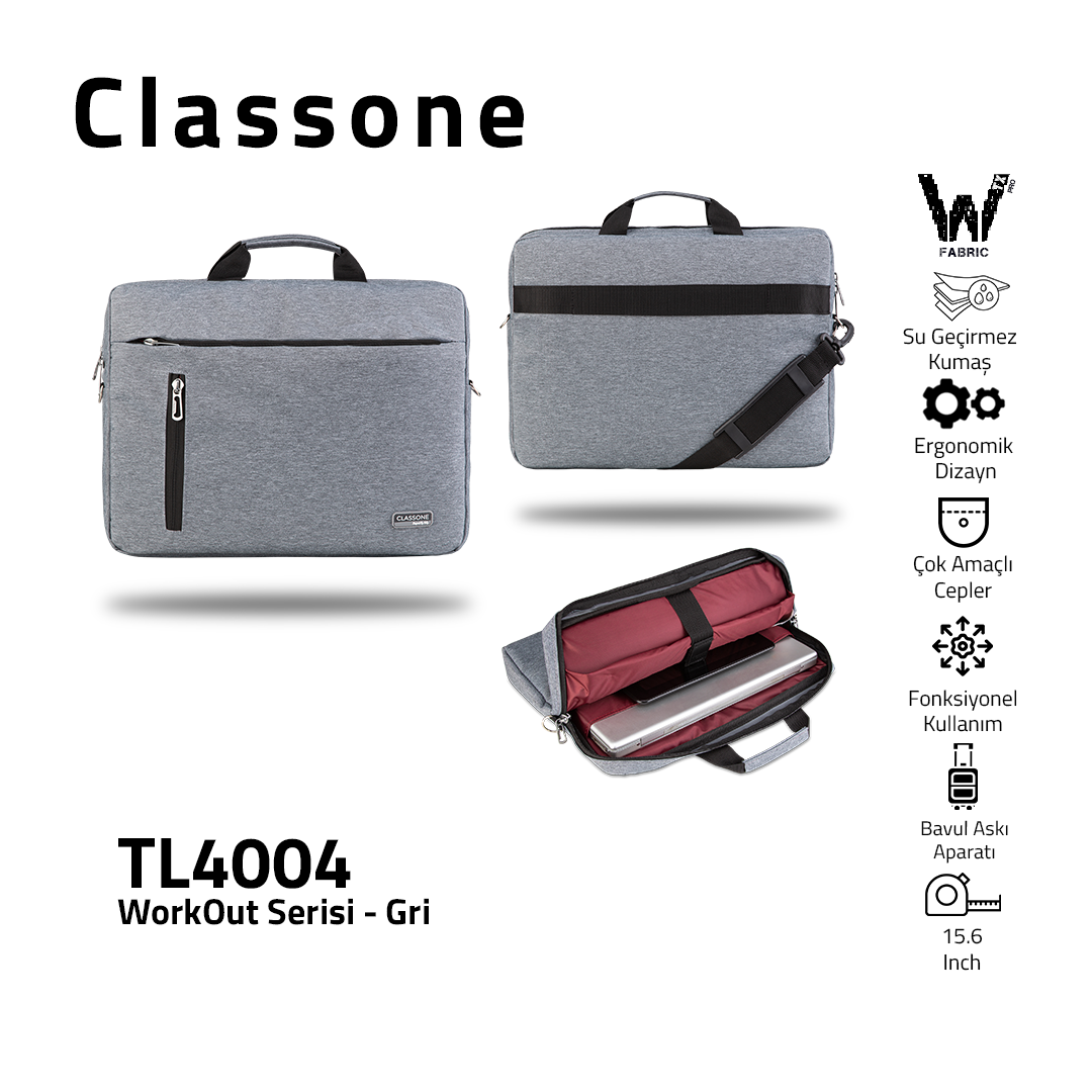 Classone WorkOut Serisi TL4004 WTXpro Su Geçirmez Kumaş 15.6 inch Laptop , Notebook Çantası -Gri