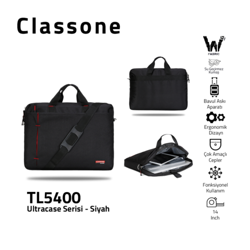 Classone TL5400 Ultracase WTXpro Su Geçirmez Kumaş 13-14 inch Notebook Çantası-Siyah