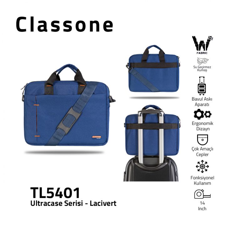 Classone TL5401 Ultracase WTXpro Su Geçirmez Kumaş 13-14 inch Notebook Çantası-Lacivert