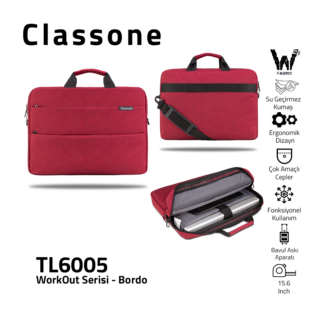 Classone WorkOut Serisi TL6005 WTXpro Su Geçirmez Kumaş 15.6 inch Laptop , Notebook Çantası -Bordo