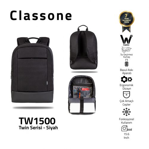 Classone TW1500 Twin Color 15.6 inch WTXpro Su Geçirmez Kumaş Notebook Çantası-Siyah