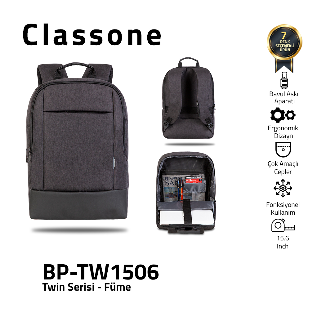 Classone TW1506 Twin Color 15.6 inch Notebook Çantası-Füme