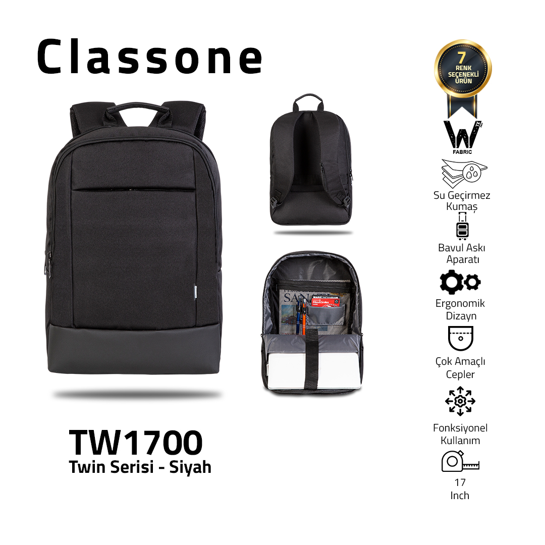 Classone TW1700 WTXpro Su Geçirmez Kumaş Twin Color 17 inch Notebook Çantası-Siyah