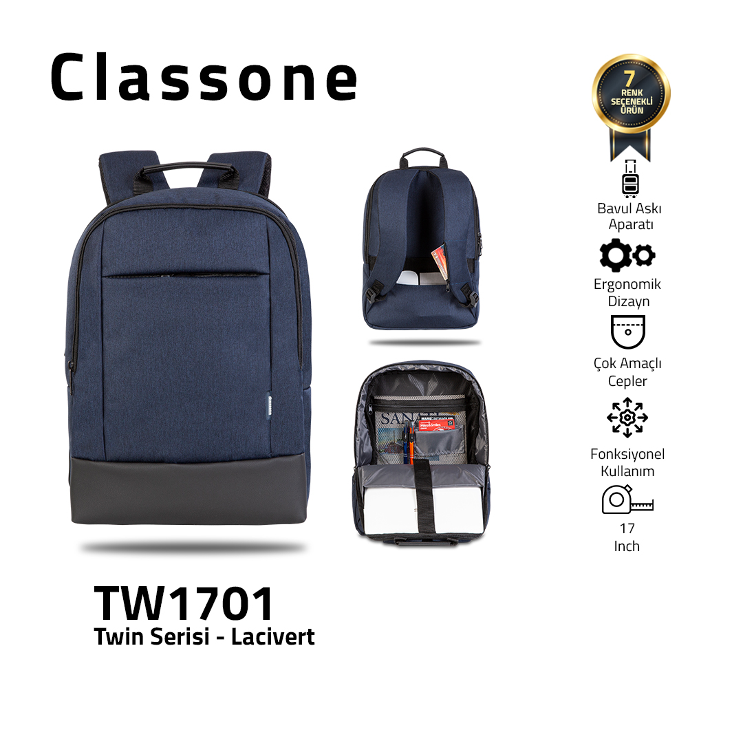Classone TW1701 Twin Color 17 inch Notebook Çantası-Mavi