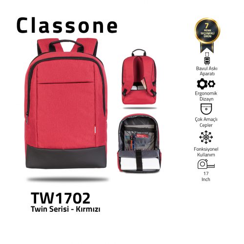 Classone TW1702 Twin Color 17 inch Notebook Çantası- Kırmızı