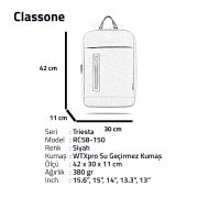 Classone Triesta Serisi RC58-150 15.6 inch Uyumlu, WTXpro Su Geçirmez Kumaş, Macbook, Laptop ,  Notebook Sırt Çantası- Siyah