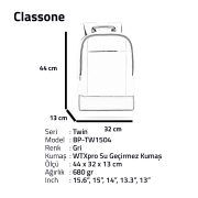 Classone TW1504 WTXpro Su Geçirmez Kumaş Twin Color 15.6 inch Notebook Çantası-Gri