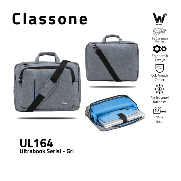Classone UL164 Ultrabook Large Serisi 15,6 inch  Notebook Çantası Gri