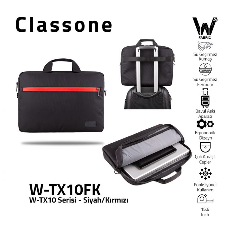 Classone W-TX10 Serisi WTXpro Su Geçirmez Kumaş, Su Geçirmez Fermuar W-TX10FK 15.6 inch Uyumlu Macbook, Notebook, Laptop, Tablet Taşıma Çantası-Siyah/Kırmızı