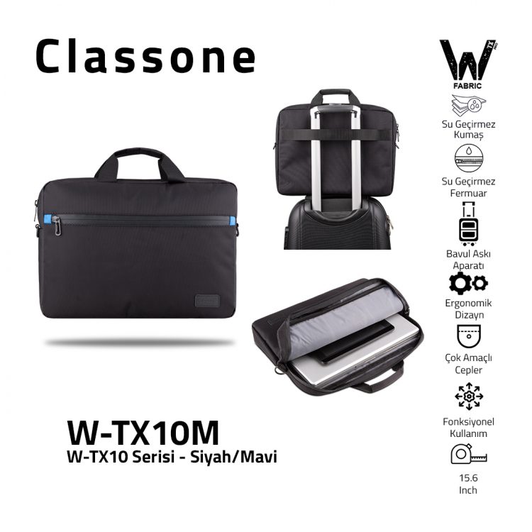 Classone W-TX10 Serisi WTXpro Su Geçirmez Kumaş, Su Geçirmez Fermuar W-TX10M 15.6 inch Uyumlu Macbook, Notebook, Laptop, Tablet Taşıma Çantası-Siyah/Mavi