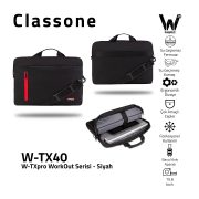 Classone W-TX40 W-TXpro Workout Serisi WTXpro Su Geçirmez Kumaş, Su Geçirmez Fermuar 15.6 inch Uyumlu Macbook, Notebook, Laptop,  Tablet Taşıma Çantası-Siyah