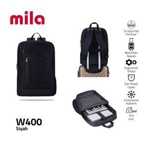 Classone 15,6 inch Uyumlu W400- Mila serisi  Macbook, Laptop , Notebook Sırt Çantası  - Siyah