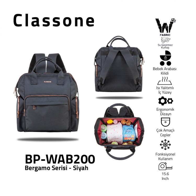 Classone BP-WAB200 Bergamo Serisi WTXpro Su Geçirmez Kumaş Anne Bebek Bakım Sırt Çantası -Siyah