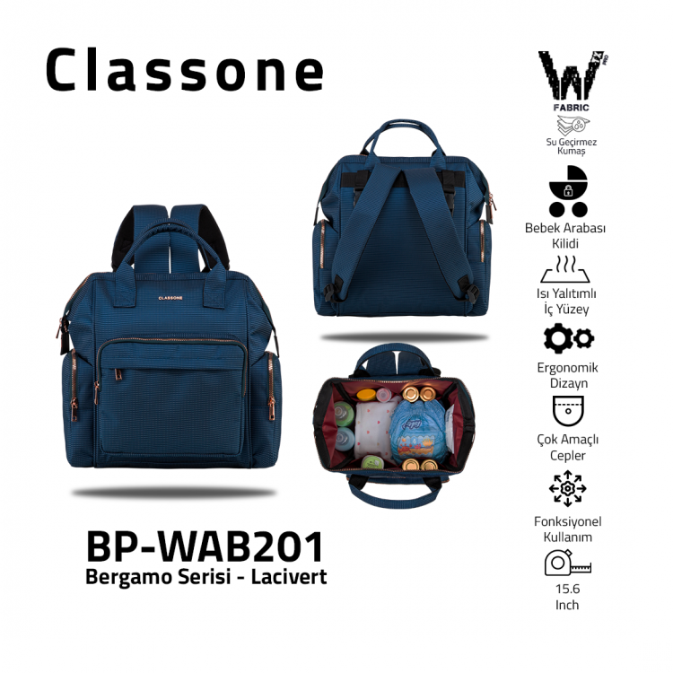 Classone BP-WAB201 Bergamo Serisi WTXpro Su Geçirmez Kumaş Anne Bebek Bakım Sırt Çantası -Lacivert