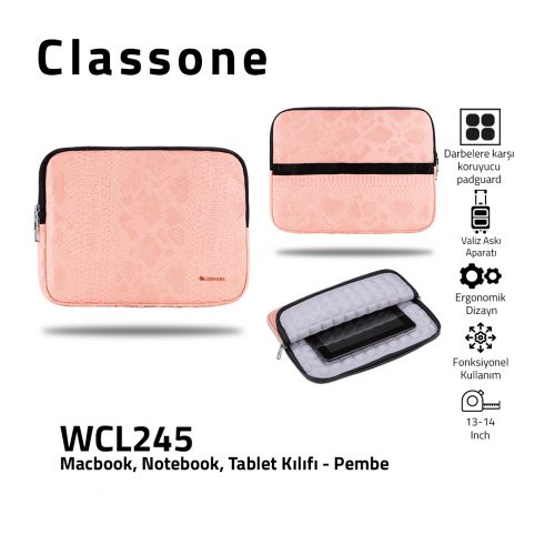 Classone WCL245 13-14" Macbook, Notebook, Tablet Kılıfı-Pembe