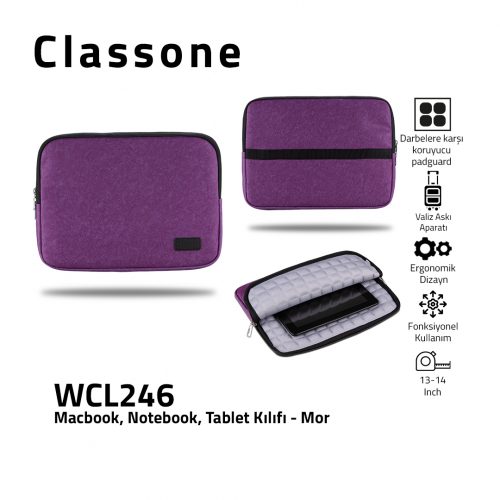 Classone WCL246 13-14" Macbook, Notebook, Tablet Kılıfı-Mor