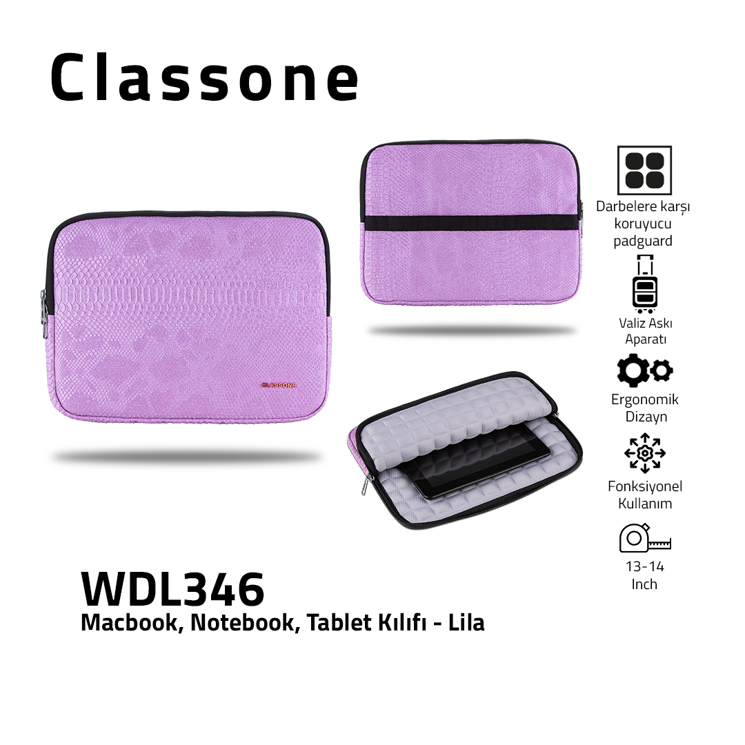 Classone WDL346 13-14" Macbook, Notebook, Tablet Kılıfı-Lila