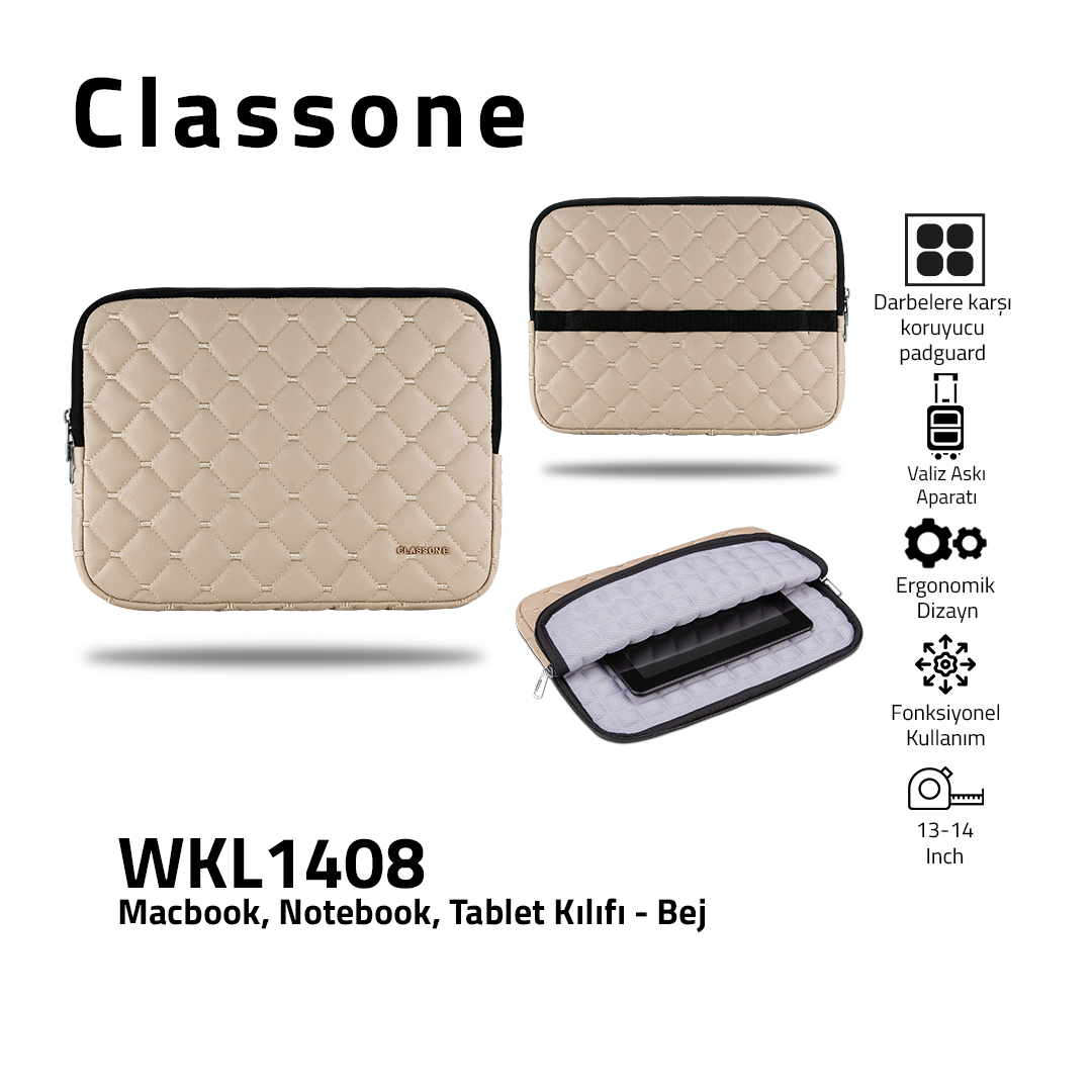 Classone WKL1408 13-14" Macbook, Notebook, Tablet Kılıfı-Bej