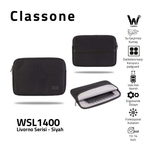 Classone Livorno Serisi WSL1400 13-14 inch uyumlu Macbook, Tablet Kılıfı -Siyah