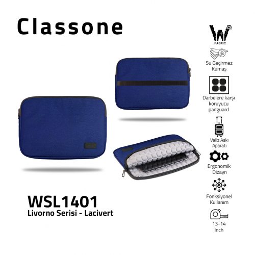 Classone Livorno Serisi WSL1401 13-14 inch uyumlu Macbook ,Tablet Kılıfı -Lacivert