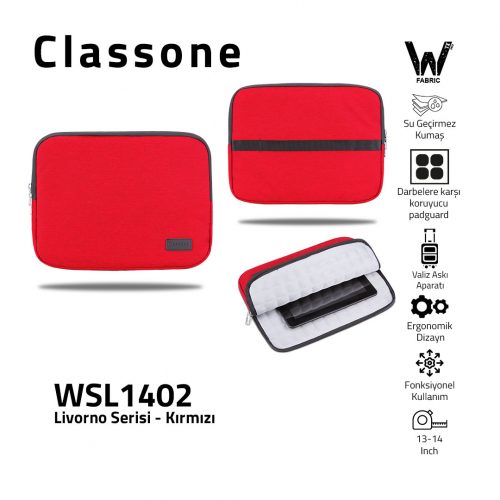 Classone Livorno Serisi WSL1402 13-14 inch uyumlu WTXpro Su Geçirmez Kumaş Macbook ,Tablet Kılıfı -Kırmızı
