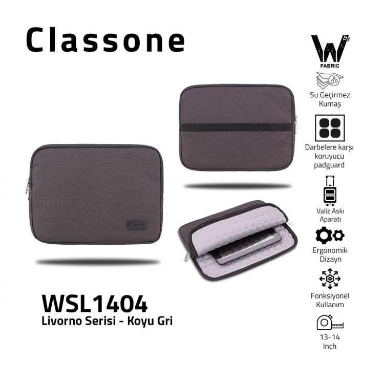Classone Livorno Serisi WSL1404 13-14 inch uyumlu WTXpro Su Geçirmez Kumaş Macbook, Tablet Kılıfı -Koyu Gri