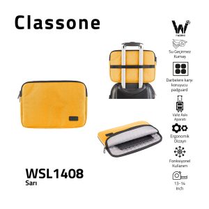 Classone Livorno Serisi WSL1408 13-14 inch Uyumlu WTX Pro Su Geçirmez Kumaş Macbook ,Mac Air, Laptop Kılıfı-Sarı