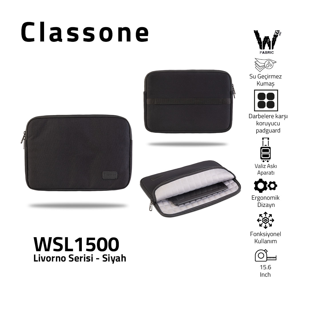 Classone Livorno Serisi WSL1500 15.6 inch uyumlu WTXpro Su Geçirmez Kumaş Macbook, Tablet Kılıfı -Siyah